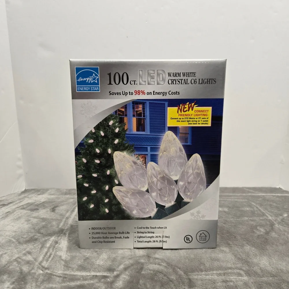 100 Ct LED Warm White Crystal C6 Christmas Lights Indoor Outdoor 28ft Tested